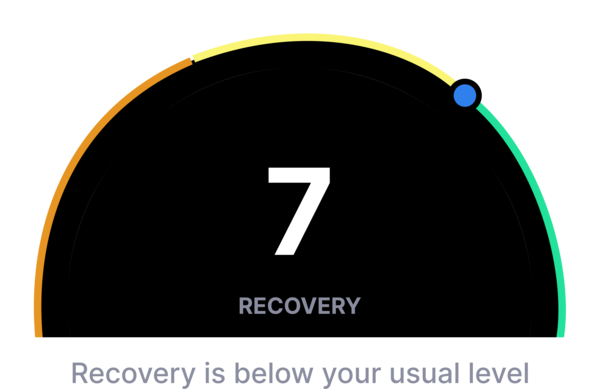 Recovery score gauge showing 7, below usual level