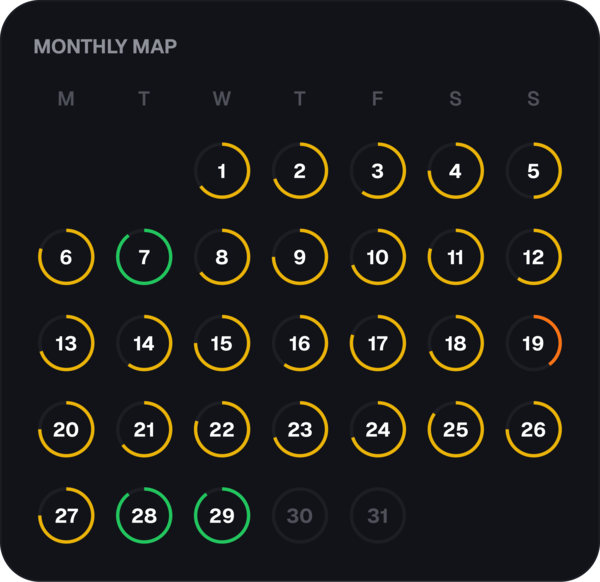 Monthly map calendar of nightly recovery scores