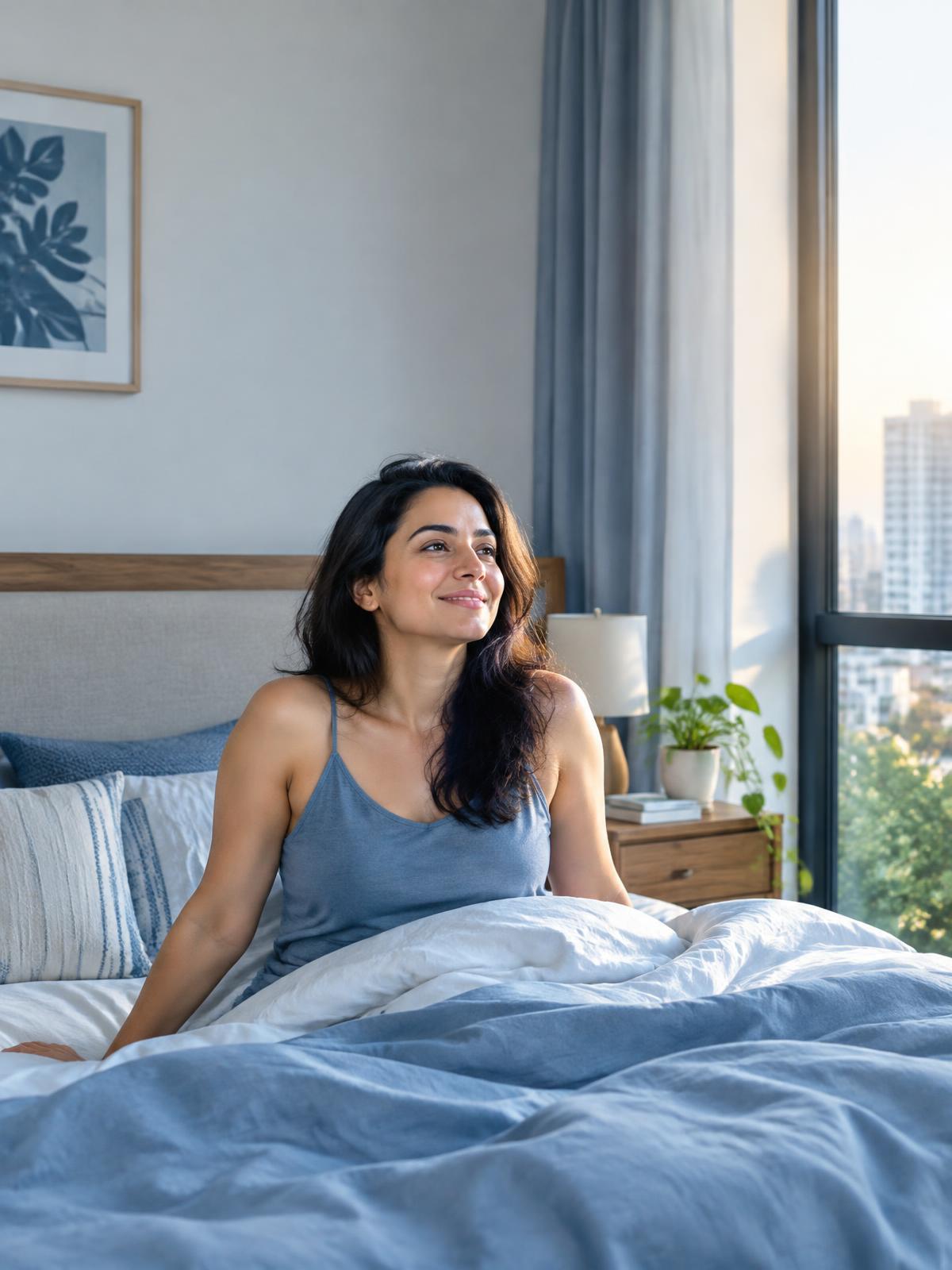 A person waking rested in a bright bedroom